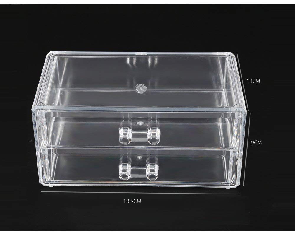 AB SALES Crystal Clear Acrylic, Deluxe Deep Drawer Makeup and Jewelry Organizer with 2 Deep Storage Drawers for Lipstick, Brushes, Nail Polish, Compacts and Cosmetics(10X9X18 Cm), Transparent