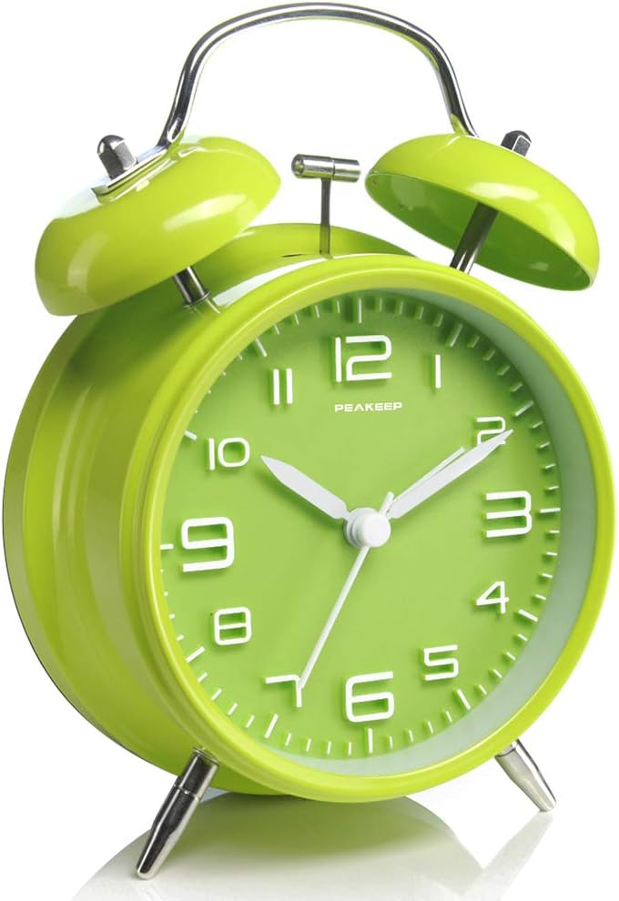 Peakeep 4" Twin Bell Alarm Clock with Stereoscopic Dial, Backlight, Battery Operated Loud Alarm Clock Green MHP3122