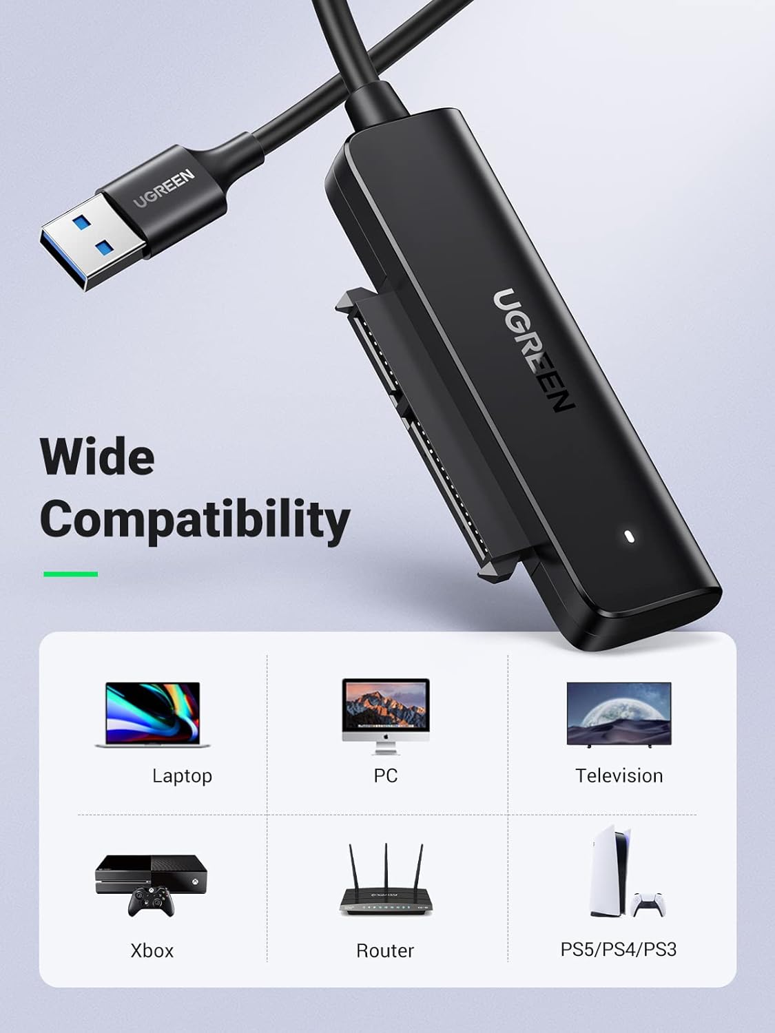 UGREEN USB 3.0 SATA Cable Adapter for SSD and Hard Drives 2.5 Inch External Hard Drive Supports UASP Trim Smart, Compatible with Windows Mac OS Chrome OS Linux 0.5M