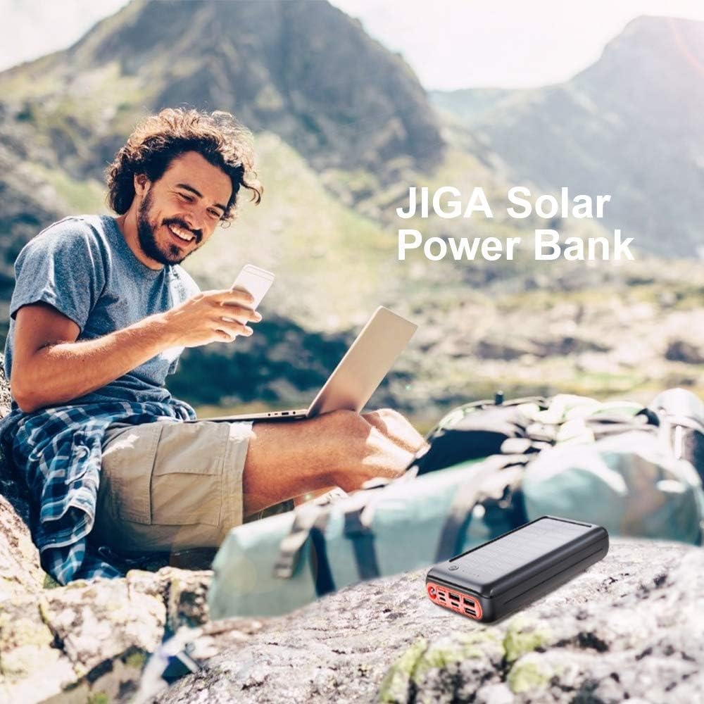 JIGA Solar Charger, 30000mAh Solar Power Bank, Quick Portable Charger Pack with 4 Inputs 3 Outputs & Flashlight, External Backup Battery Huge Capacity Phone Charger for iPhone, iPad, Samsung etc