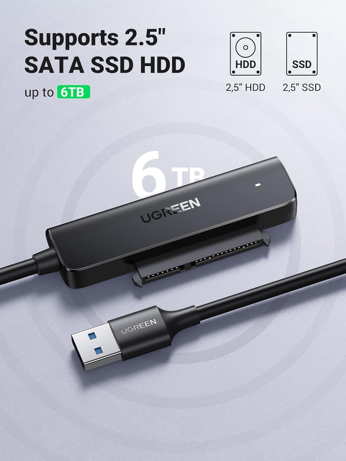UGREEN USB 3.0 SATA Cable Adapter for SSD and Hard Drives 2.5 Inch External Hard Drive Supports UASP Trim Smart, Compatible with Windows Mac OS Chrome OS Linux 0.5M