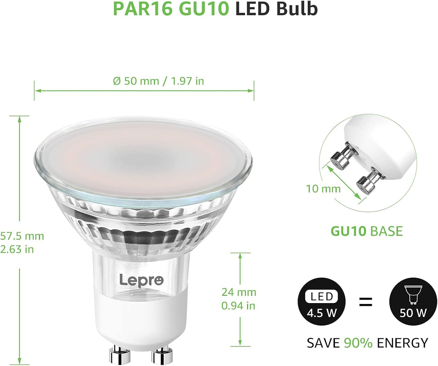 Lepro GU10 Smart LED Light Bulbs, Compatible with Alexa & Google Assistant, Dimmable with App, 50W Equivalent, Tunable White Track Light Bulb, No Hub Required, 2.4G WiFi Only, Pack of 2