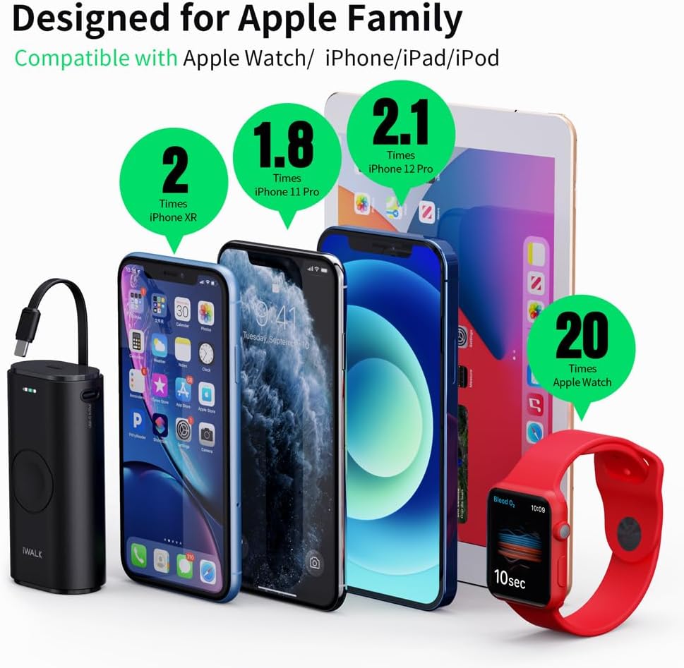 iWALK Portable Charger for Apple Watch, External Battery 9000mAh with Built-in Cable, Apple Watch & Phone Charger, Compatible with Apple Watch Series 7/6/SE/5/4/3/2/1, iPhone 14/13/12/11/X/7/6s