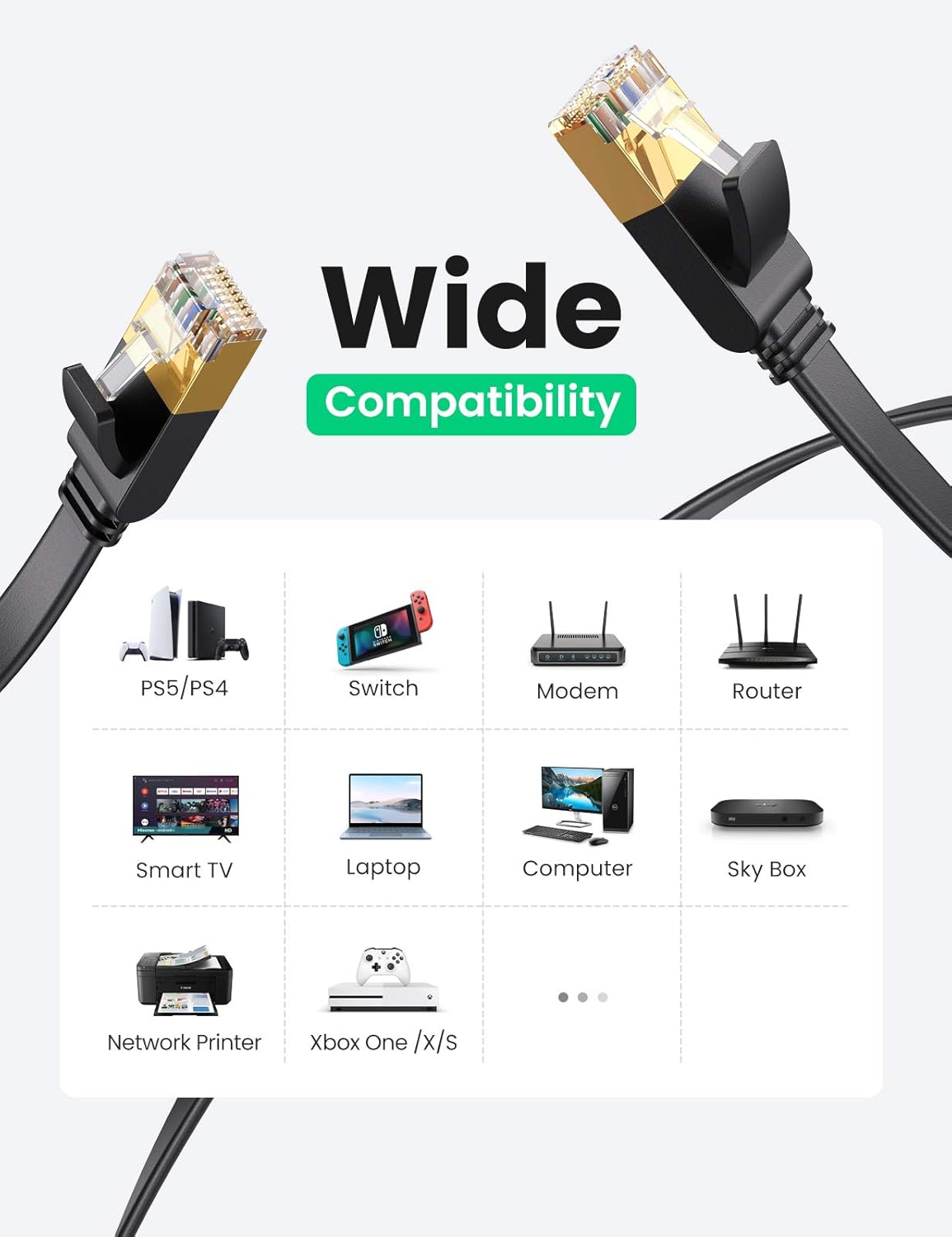 UGREEN Cat 7 Ethernet Cable, 10FT Ethernet Cable with 10Gbps High Speed, 100% Pure Copper Wire and Gold-Plated Connectors, Flat Design, Compatible with Gaming PS5/4/3 Xbox PC Laptop Modem Router