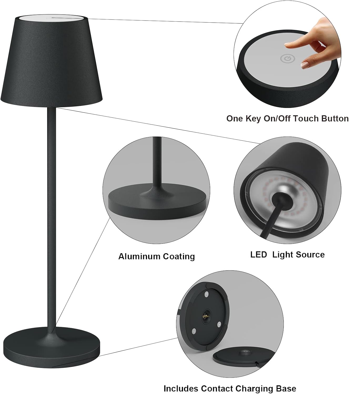 Klighten Set of 2 LED Rechargeable Table Lamp, Warm Light 3000K Adjustable Aluminum Desk Lamps with USB Charging Dock, IP54, Anthracite, Portable, Indoor/Outdoor