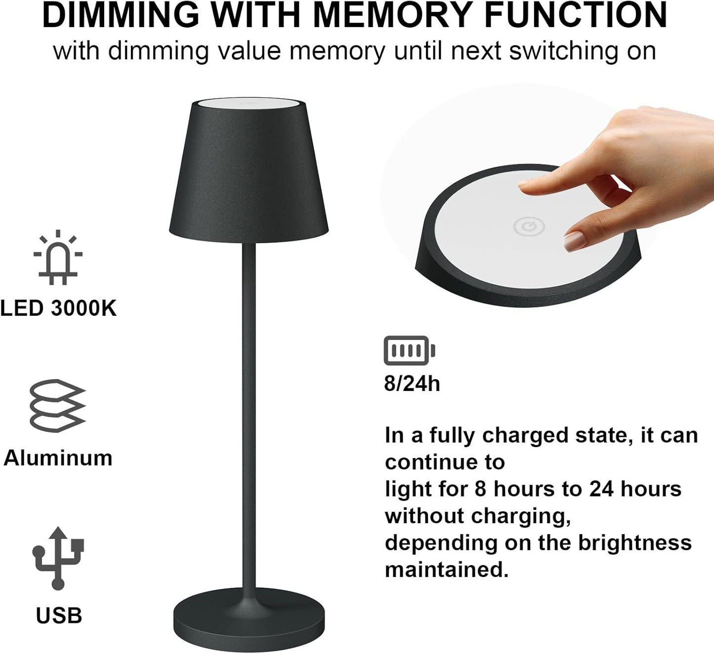 Klighten Set of 2 LED Rechargeable Table Lamp, Warm Light 3000K Adjustable Aluminum Desk Lamps with USB Charging Dock, IP54, Anthracite, Portable, Indoor/Outdoor