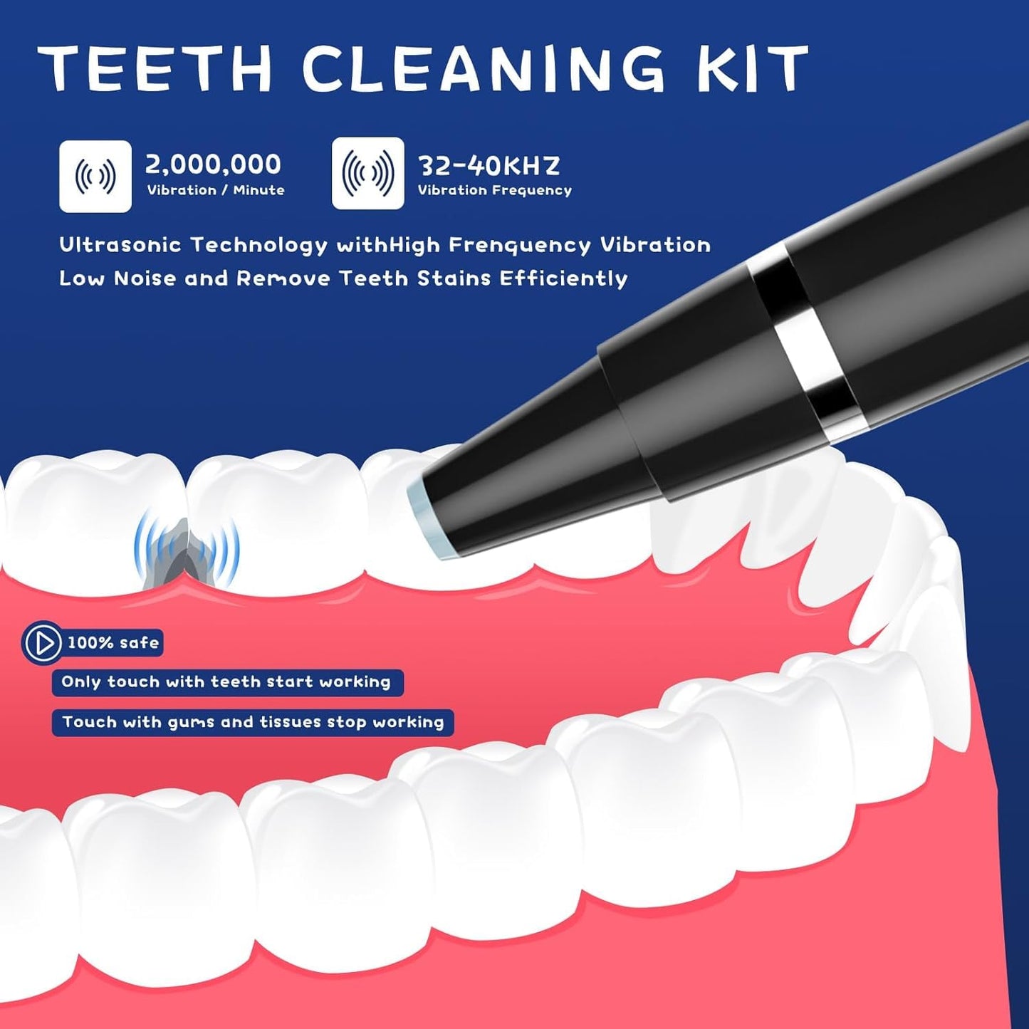 Ultrasonic Tooth Cleaner - Plaque Remover for Teeth Remove Teeth Stain tarter Plaque Calculus - with Led 3 Adjustable Modes 2 Replaceable Clean Heads - 100% Safe