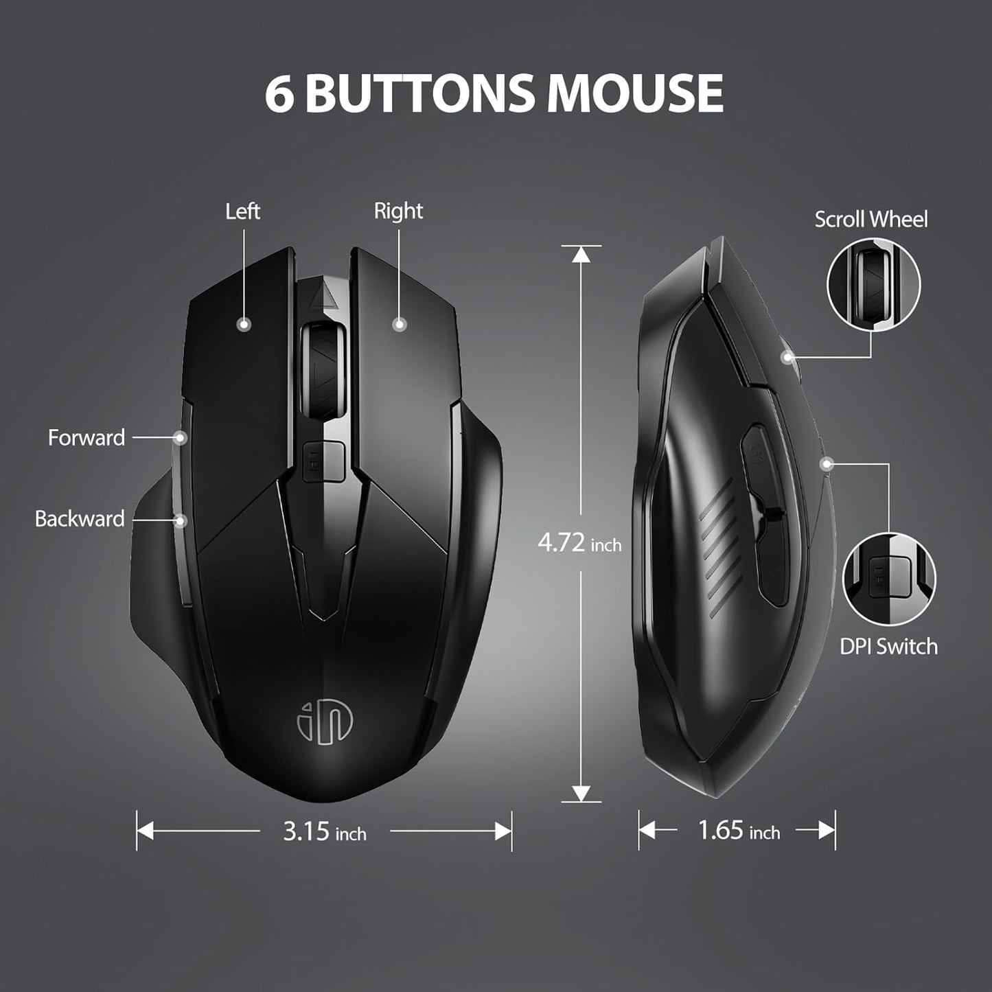 INPHIC Wireless Mouse Rechargeable, 700mAh, with USB Receiver, 6 Buttons, Ergonomic for Laptop, Computer, Mac, PC etc.