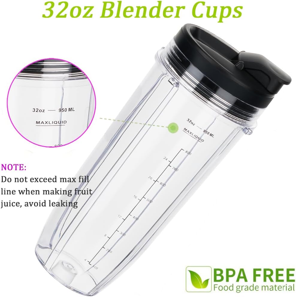 Replacement 32oz Blender Cup with Sip & Seal Lid For Nutri Ninja BL450 BL454 Bl455 BL456 BL480 BL481 BL482 BL490 BL640 BL642 BL682 SS101 SS401 SS351 Nutri Ninja Auto IQ Series Blenders,
