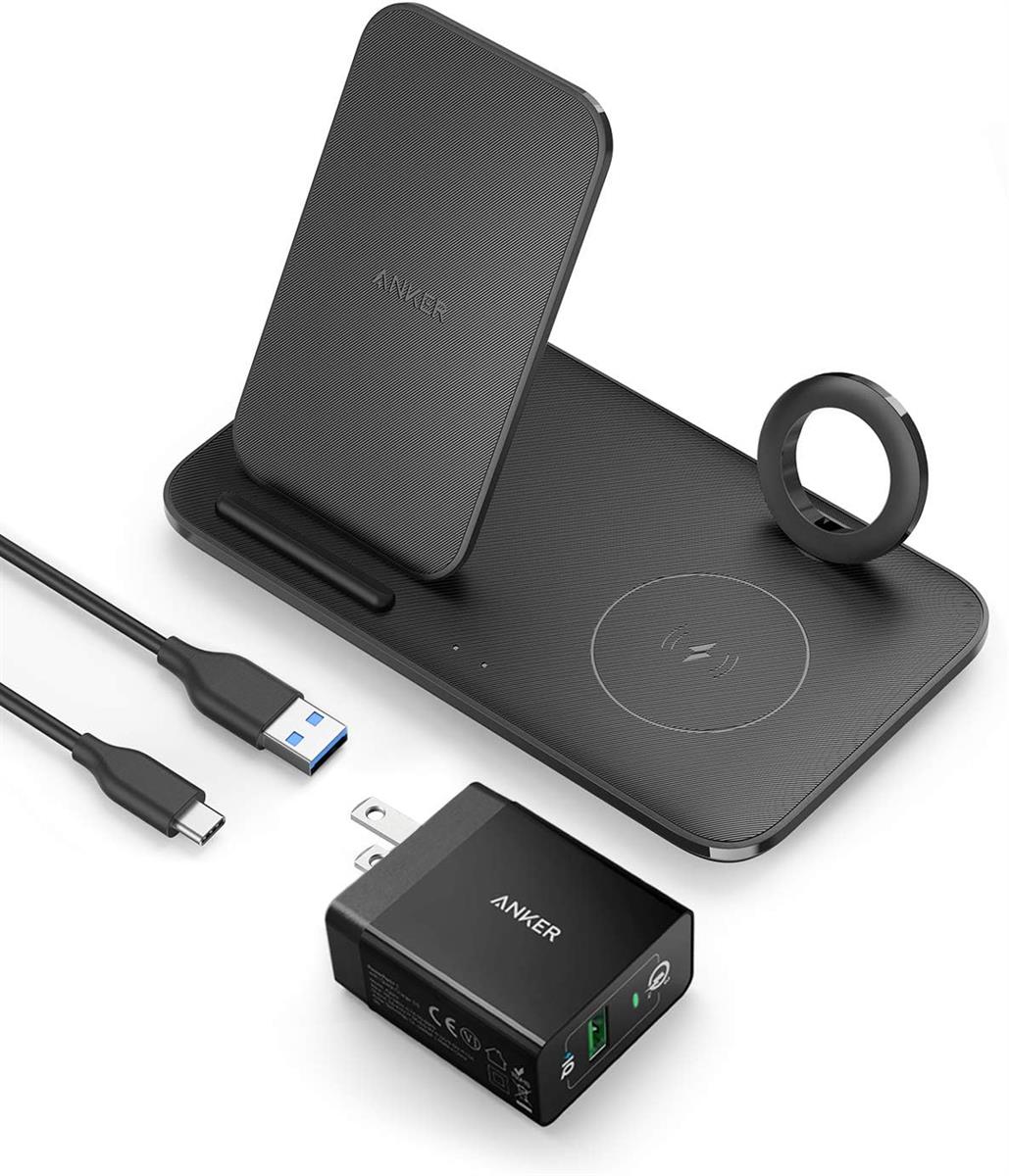 Anker Wireless Charging Station with Adapter, PowerWave 3-in-1 Qi-Certified Stand for iPhone 14 Series, AirPods Pro, Apple Watch Series 1-6 (Watch Charging Cable Not Included)