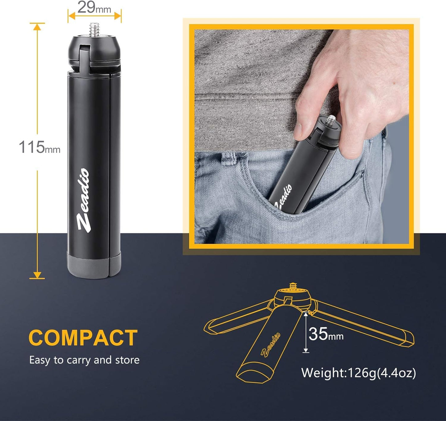 Zeadio Metal Mini Tripod, Desktop Tabletop Stand Compact Tripod for Smooth 4, Osmo Mobile, Vimble 2, Gimbal Handle Grip Stabilizer and All Cameras