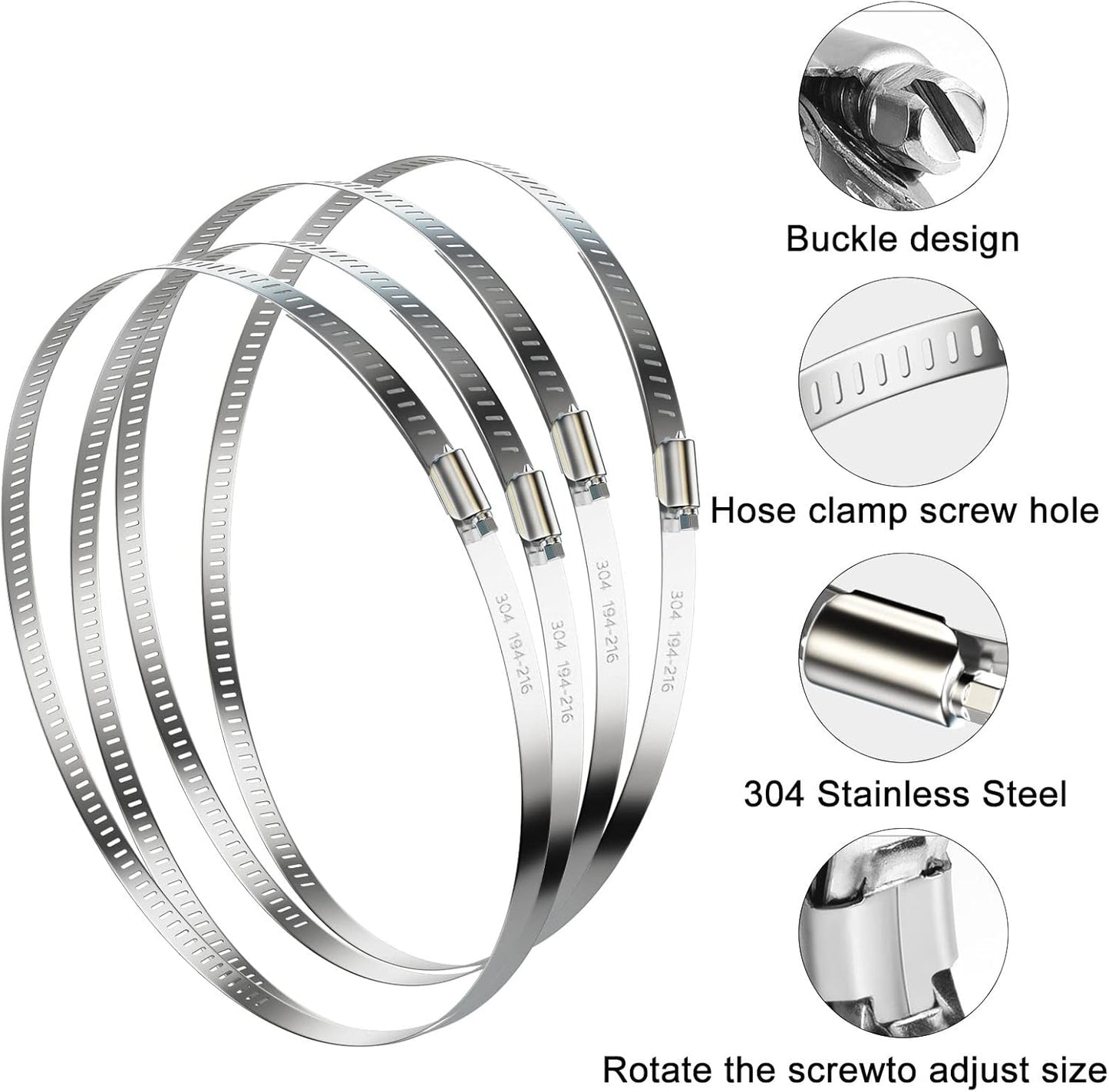 NEBURORA 8 Inch Hose Clamp Adjustable 304 Stainless Steel Duct Clamp 4 Pack Worm Gear Clamps 7.6"-8.4" Diameter Fuel Line Hose Pipe Clamp for Dryer Vent Air Duct Automotive Plumb