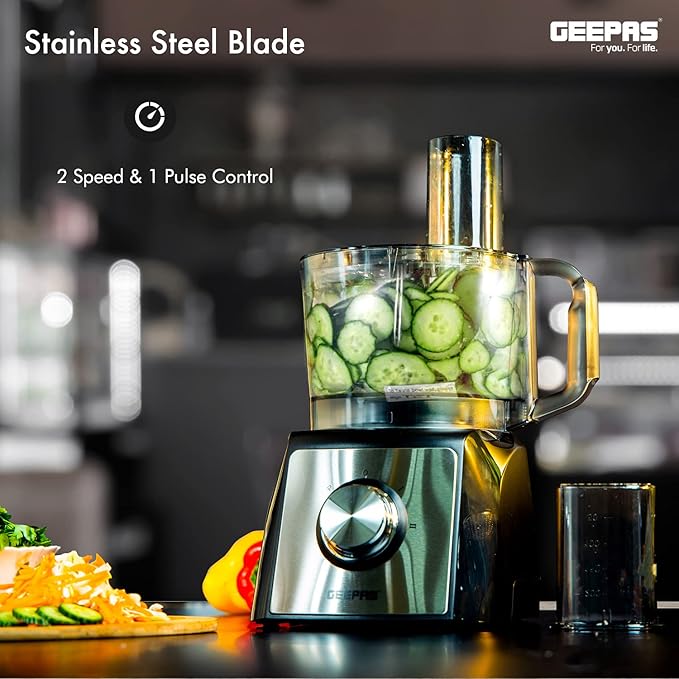 Geepas GMC42011 1200W Compact Food Processor – Multitasker Electric Chopper & Grater Attachments | 1.2L Bowl Capacity | Stainless Steel & Dough Blades Included