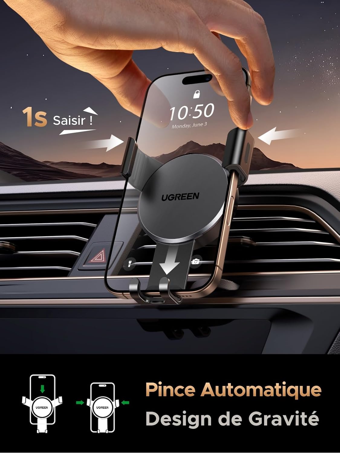 UGREEN Car Vent Phone Mount Air Vent Clip Cell Phone Holder Gravity Auto Lock Compatible with iPhone 15 14 Pro Max 14 Plus, iPhone 13 12 11 Pro Max XR XS 8 7 Plus, Samsung Galaxy S22 Smartphone Black