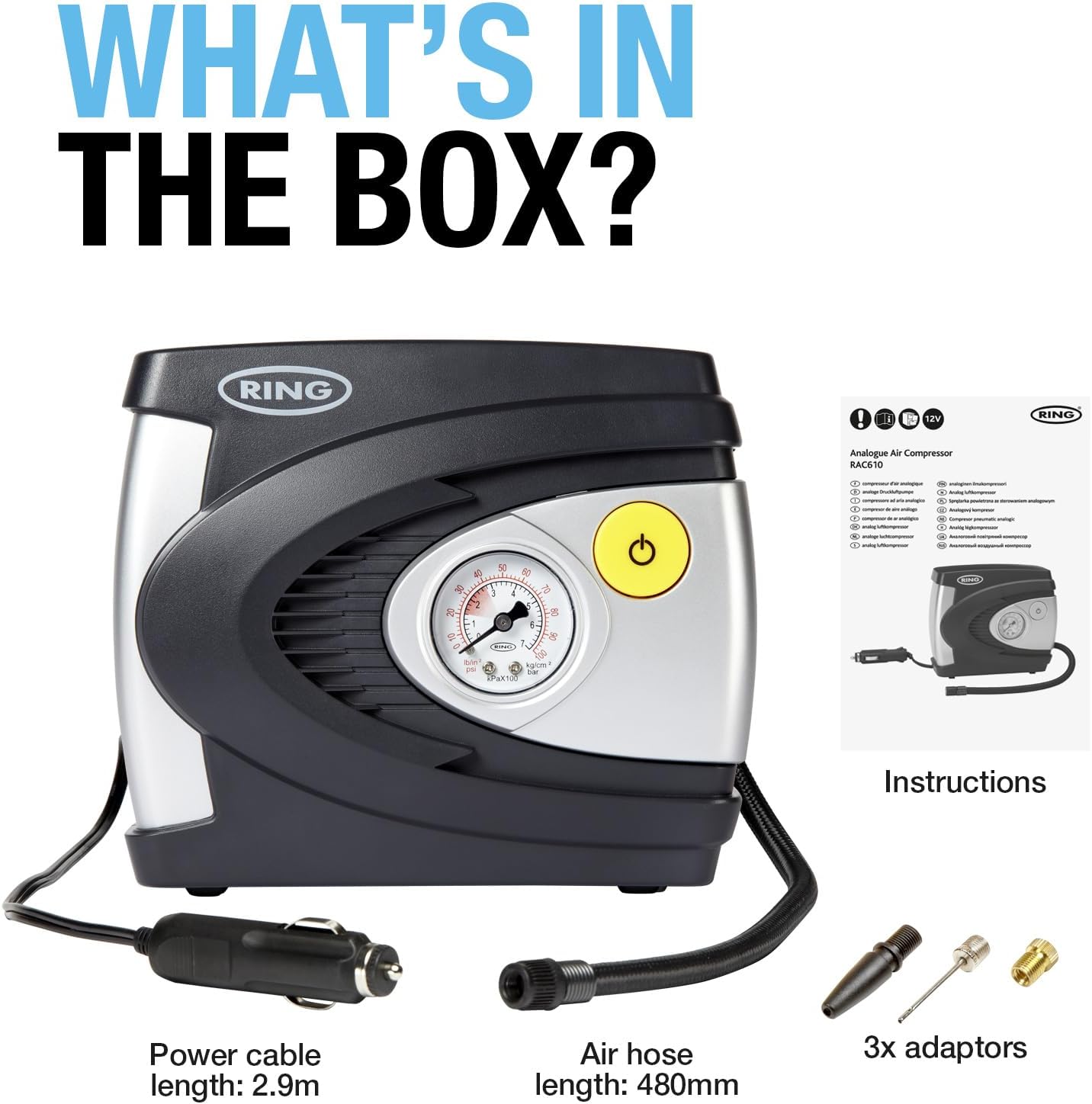 RING RAC610 12V Analog Tire Compressor, Inflates Fully deflated car tire in 4.5 Minutes