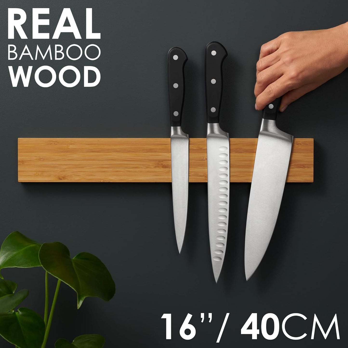 LARHN Magnetic Knife Holder for Wall, 16″ - Powerful Knife Magnetic Strip for Knives, Utensils and Tools - Not Compatible with Refrigerators - 100% Solid Bamboo
