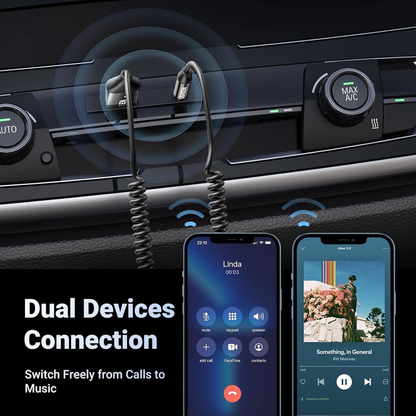 UGREEN Aux to Bluetooth 5.4 Adapter 3.5mm Bluetooth Receiver for Car USB 2.0 to 3.5mm Jack Kit with Built-in Microphone Aux Input for Hands-Free Calls Compatible with Car Speaker and Home Audio