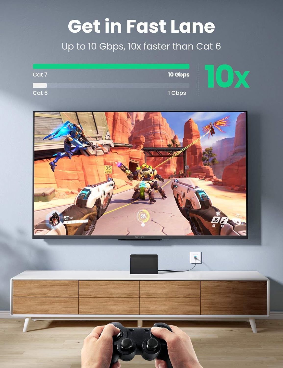 UGREEN Cat 7 Ethernet Cable, 10FT Ethernet Cable with 10Gbps High Speed, 100% Pure Copper Wire and Gold-Plated Connectors, Flat Design, Compatible with Gaming PS5/4/3 Xbox PC Laptop Modem Router