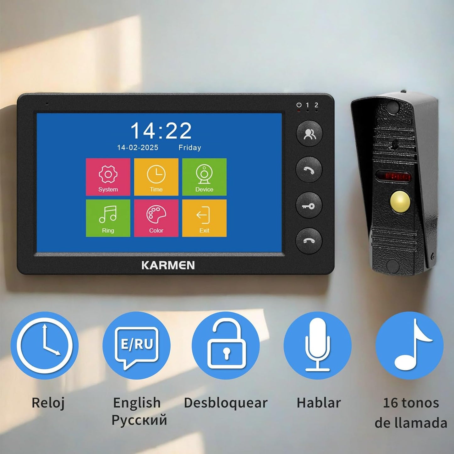 Karmen 7 Inch Video Doorman, Metal Doorbell, Infrared Night Vision, IP65 Waterproof, 16 Tones, Remote Control, Black