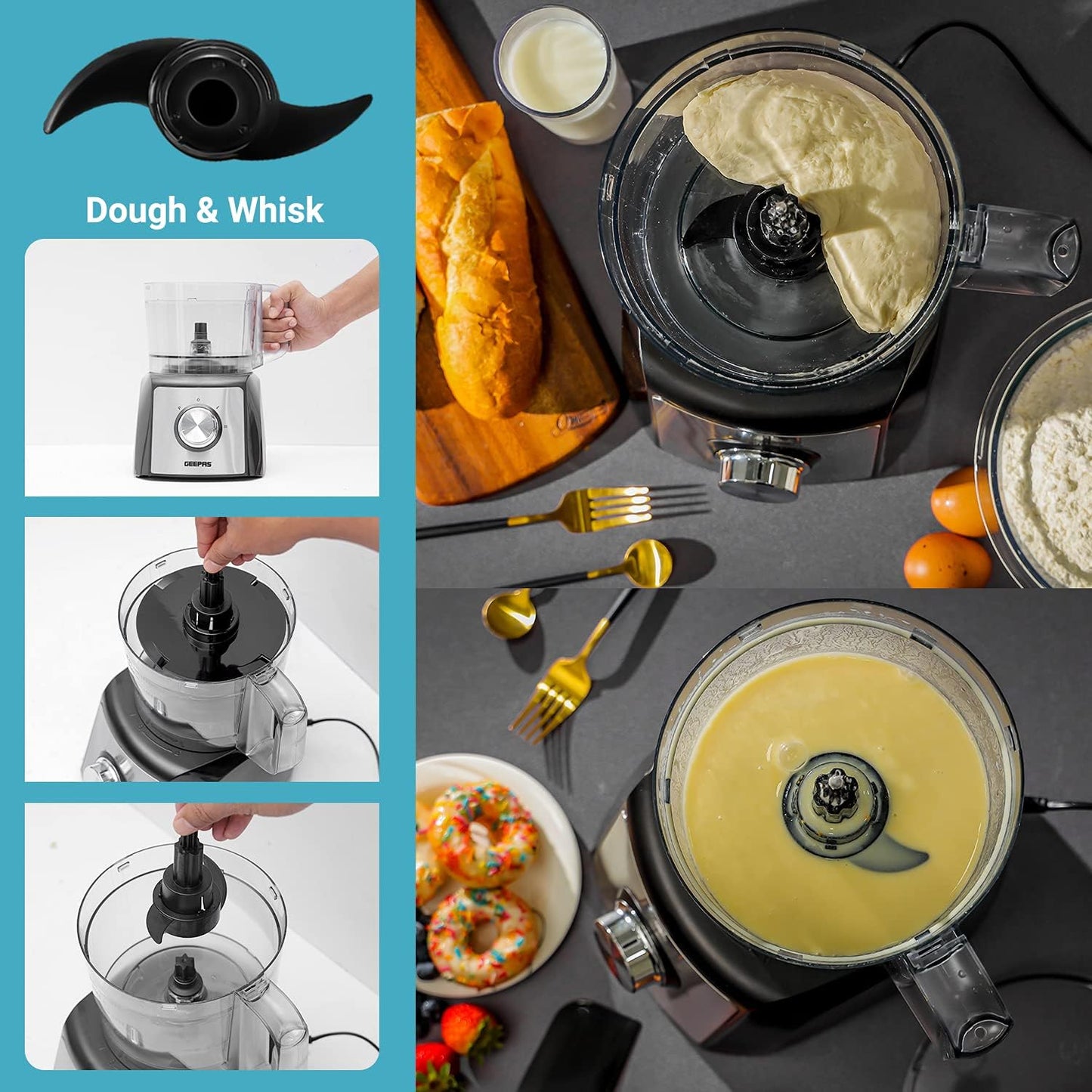 Geepas GMC42011 1200W Compact Food Processor – Multitasker Electric Chopper & Grater Attachments | 1.2L Bowl Capacity | Stainless Steel & Dough Blades Included
