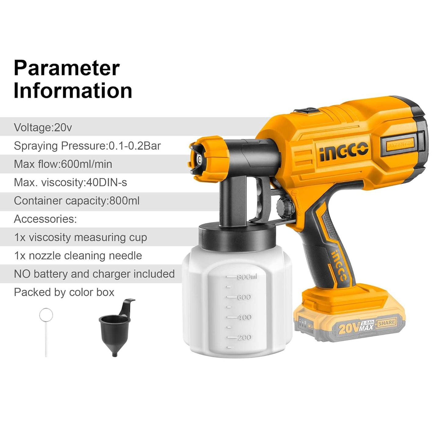 Ingco Cordless Spray Gun 20V lithium ION