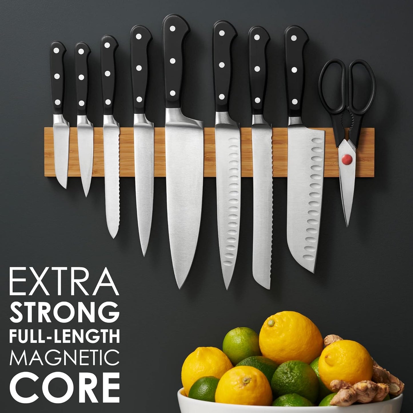 LARHN Magnetic Knife Holder for Wall, 16″ - Powerful Knife Magnetic Strip for Knives, Utensils and Tools - Not Compatible with Refrigerators - 100% Solid Bamboo