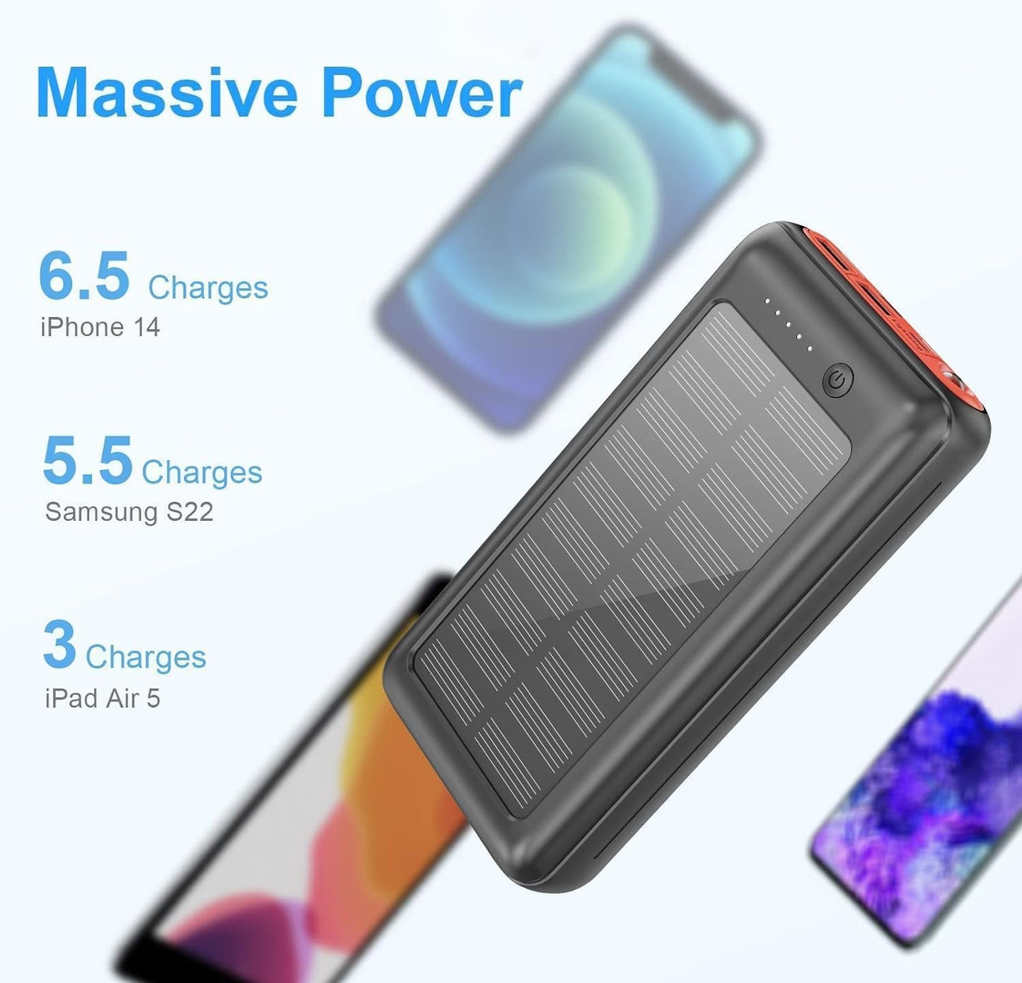 JIGA Solar Charger, 30000mAh Solar Power Bank, Quick Portable Charger Pack with 4 Inputs 3 Outputs & Flashlight, External Backup Battery Huge Capacity Phone Charger for iPhone, iPad, Samsung etc