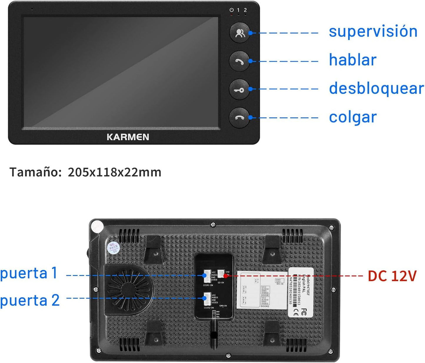 Karmen 7 Inch Video Doorman, Metal Doorbell, Infrared Night Vision, IP65 Waterproof, 16 Tones, Remote Control, Black