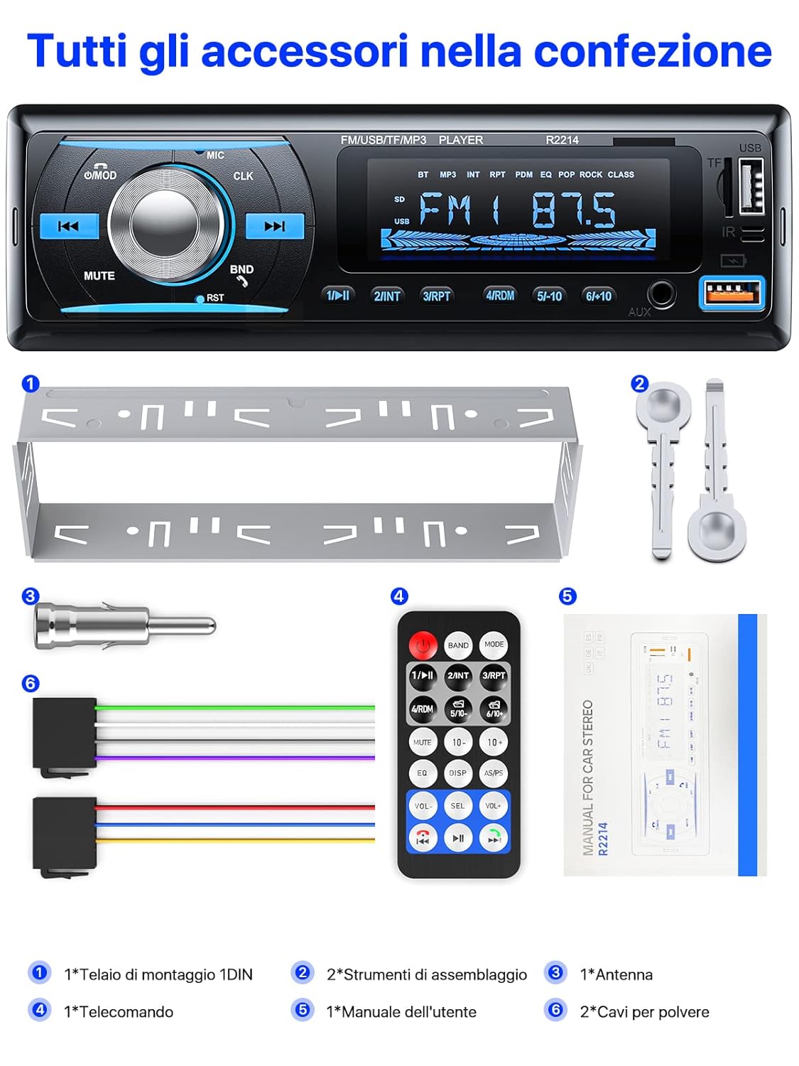 Chismos R2214 4x65W Bluetooth 5.0 Car Radio, FM/AM/RDS with Remote, USB/AUX/SD/TF/MP3/WMA/WAV Player, 1 DIN Stereo, Handsfree, iOS/Android Compatible