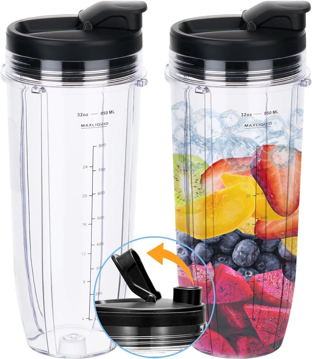 Replacement 32oz Blender Cup with Sip & Seal Lid For Nutri Ninja BL450 BL454 Bl455 BL456 BL480 BL481 BL482 BL490 BL640 BL642 BL682 SS101 SS401 SS351 Nutri Ninja Auto IQ Series Blenders,