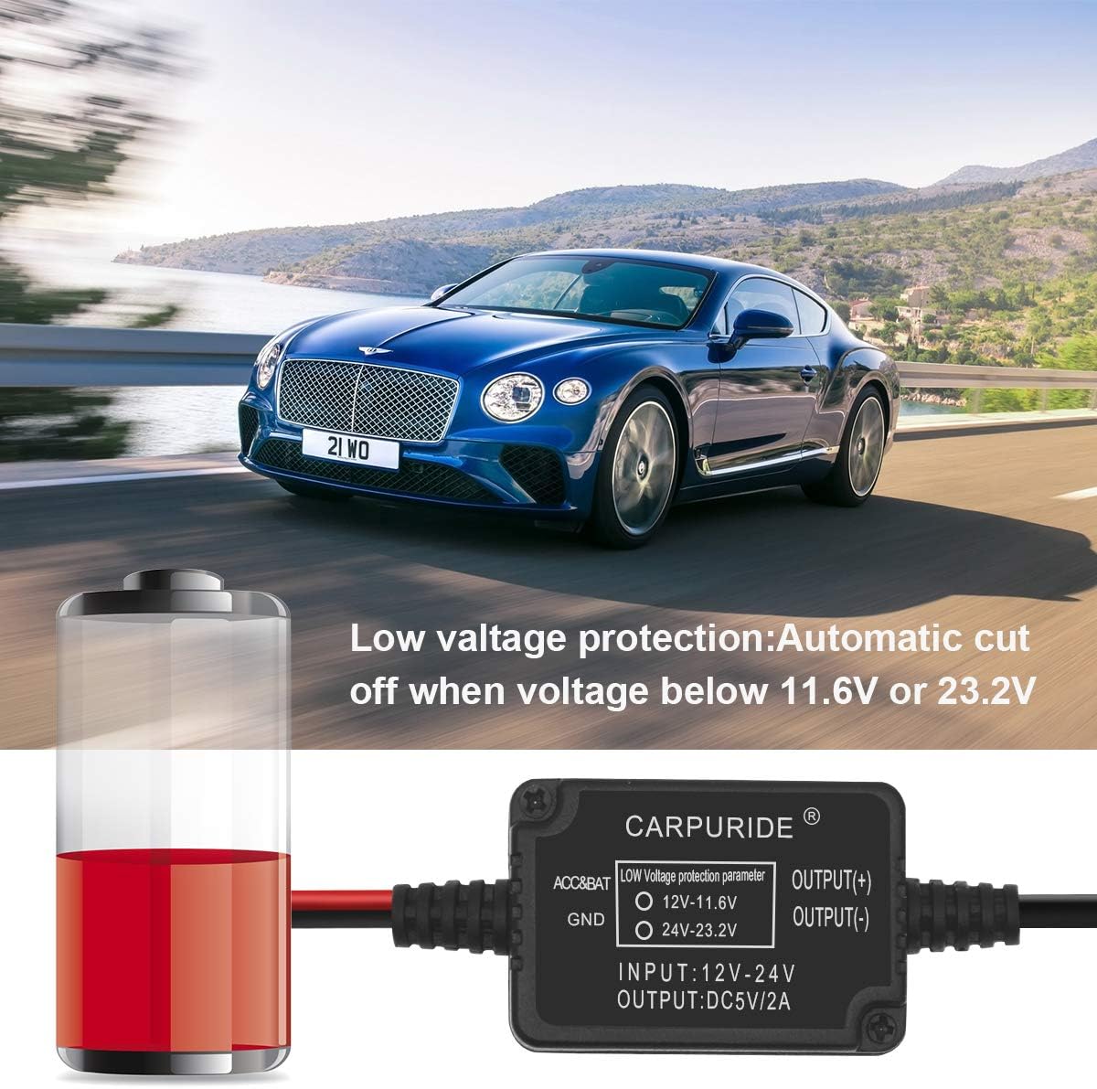Carpuride Dash Cam Hardwire Kit, Mini USB Port, DC 12V - 24V to 5V/2A Max Car Dash Camera Charger Cable kit with Fuse, Low Voltage Protection for Dash Cam (Mini USB and Fuse Kit)