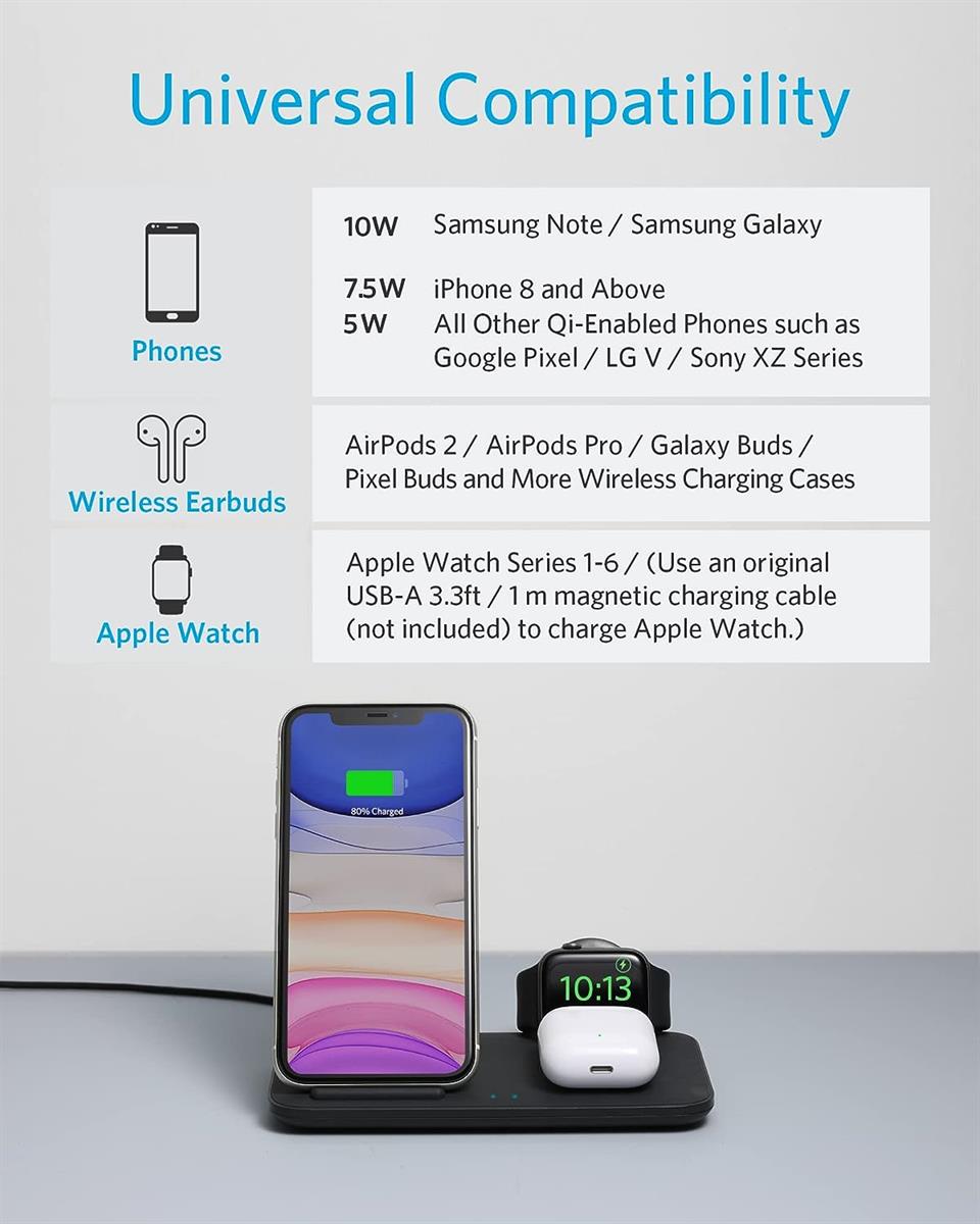 Anker Wireless Charging Station with Adapter, PowerWave 3-in-1 Qi-Certified Stand for iPhone 14 Series, AirPods Pro, Apple Watch Series 1-6 (Watch Charging Cable Not Included)