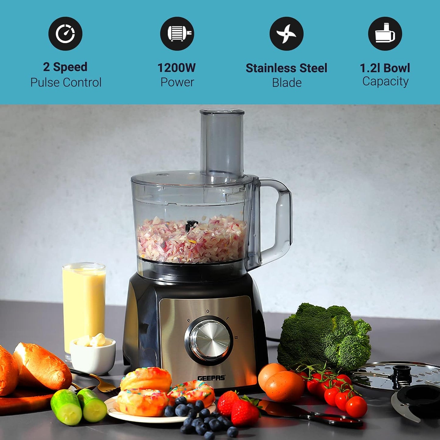 Geepas GMC42011 1200W Compact Food Processor – Multitasker Electric Chopper & Grater Attachments | 1.2L Bowl Capacity | Stainless Steel & Dough Blades Included