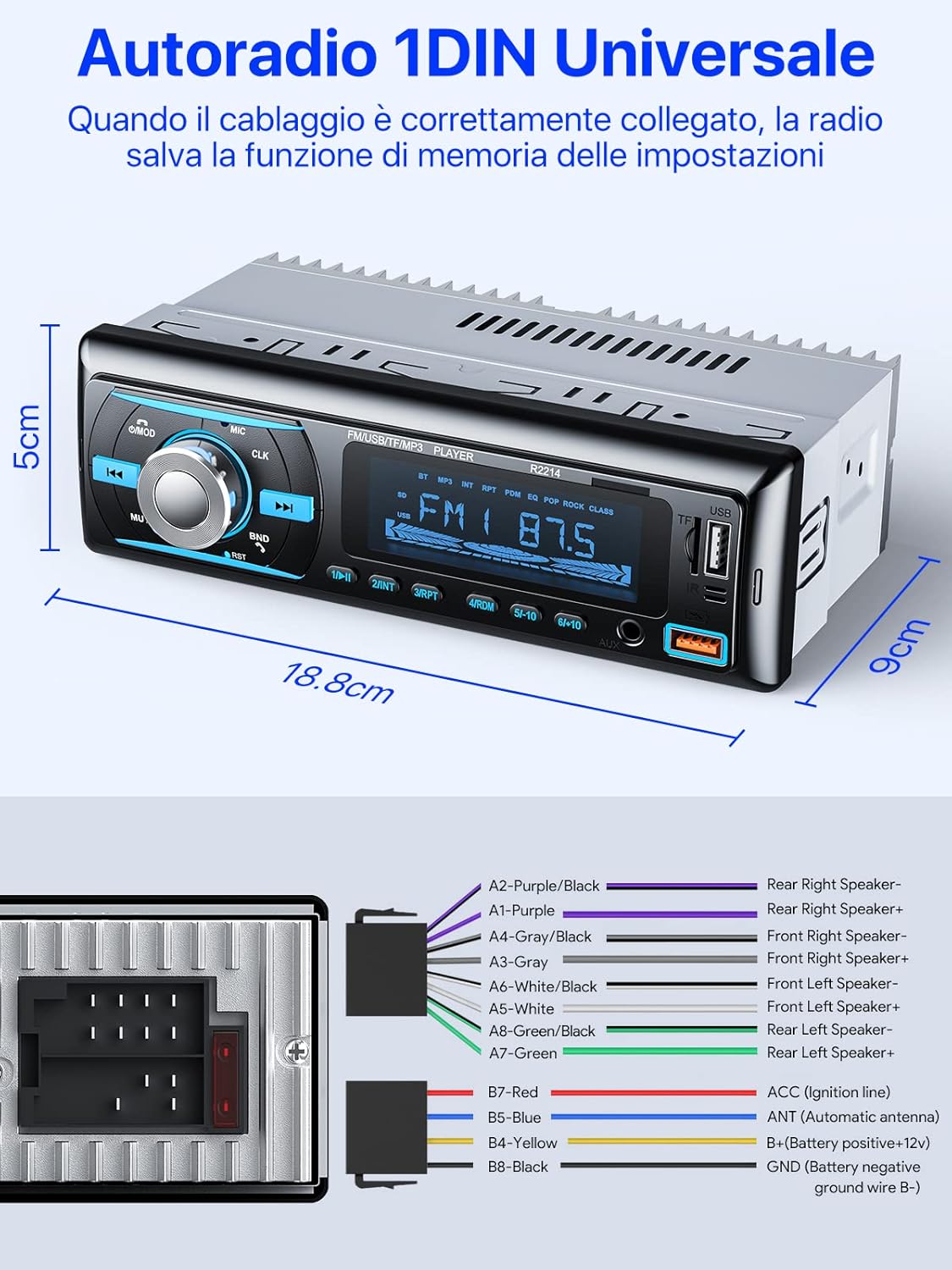 Chismos R2214 4x65W Bluetooth 5.0 Car Radio, FM/AM/RDS with Remote, USB/AUX/SD/TF/MP3/WMA/WAV Player, 1 DIN Stereo, Handsfree, iOS/Android Compatible
