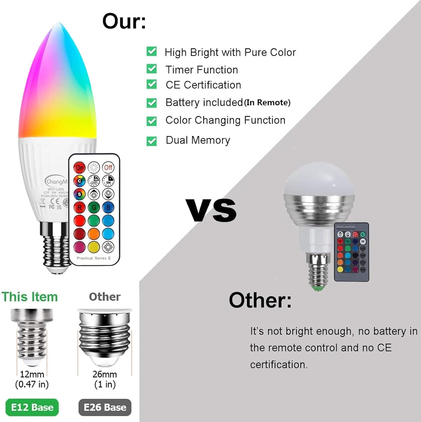 E12 LED Candelabra Light Bulbs 5W, Set of 6 Color Changing Candle Bulbs,Small Base B11 40W Incandescent Equivalent, 560 Lumen, RGB + 5700K Cool White, 12 Colors, 2 Modes, Timer, Remote Control
