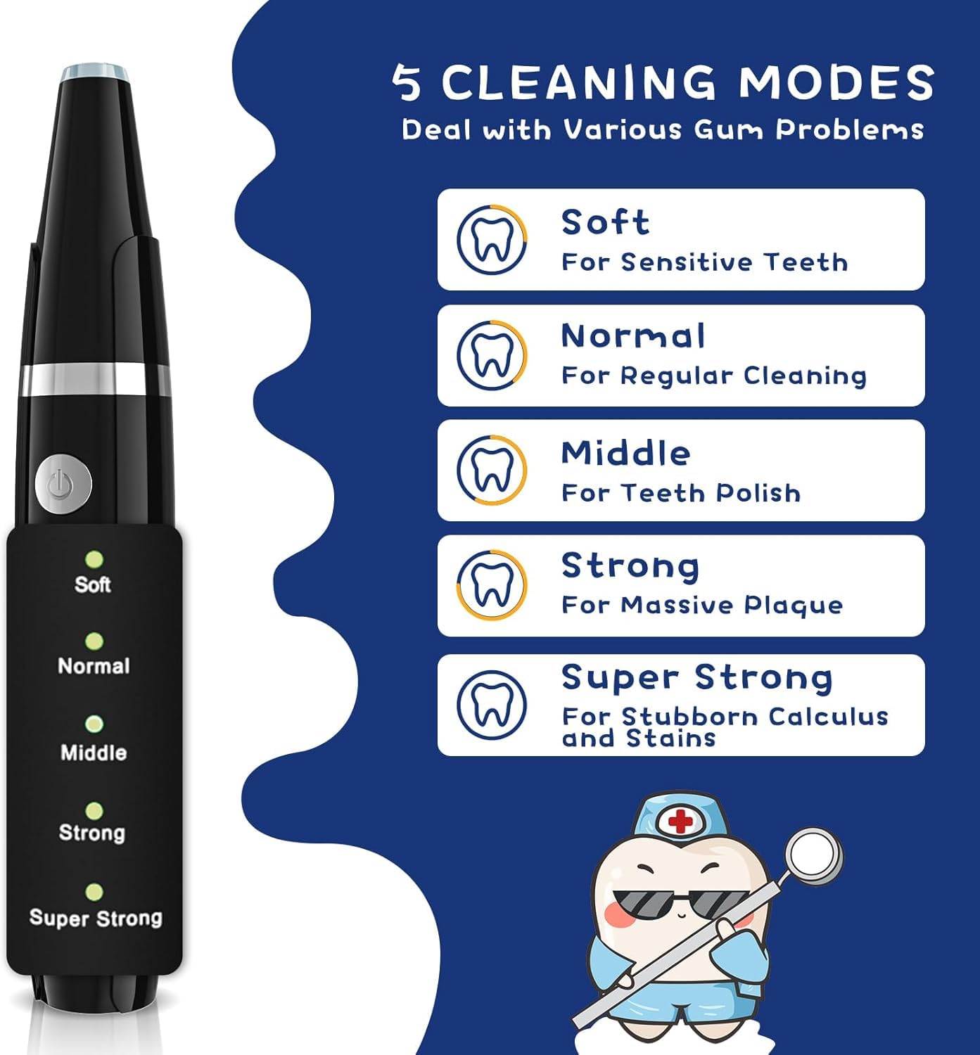 Ultrasonic Tooth Cleaner - Plaque Remover for Teeth Remove Teeth Stain tarter Plaque Calculus - with Led 3 Adjustable Modes 2 Replaceable Clean Heads - 100% Safe