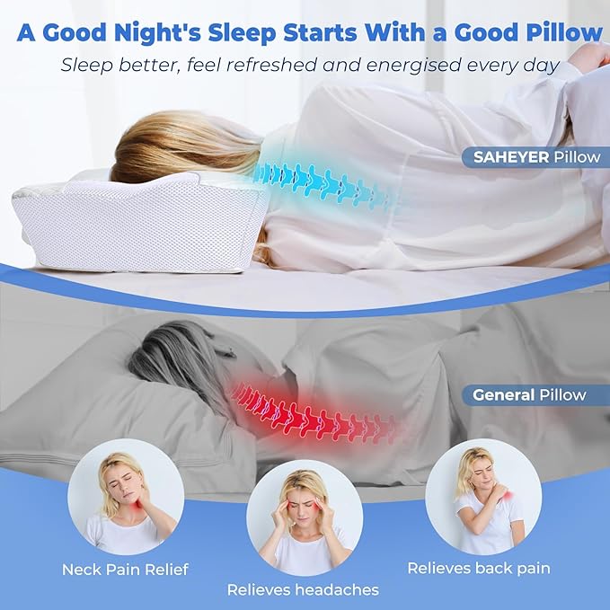 SAHEYER Neck Pillow, Memory Foam Pillow, Ergonomic Orthopaedic Pillow for Side Sleeper Pillow, Sleeping Pillow, Neck Support Pillow for Optimal Support in All Sleeping Positions