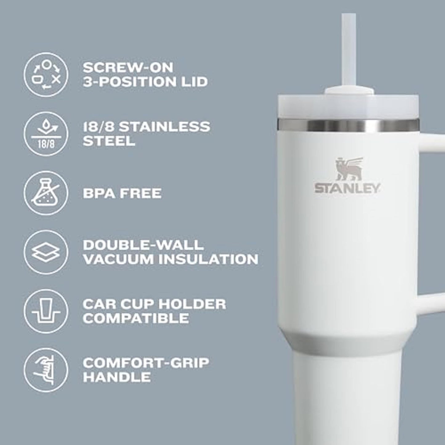 Stanley Quencher H2.0 FlowState Stainless Steel Vacuum Insulated Tumbler with Lid and Straw for Water, Iced Tea or Coffee, Smoothie and More, Cream , 30 oz