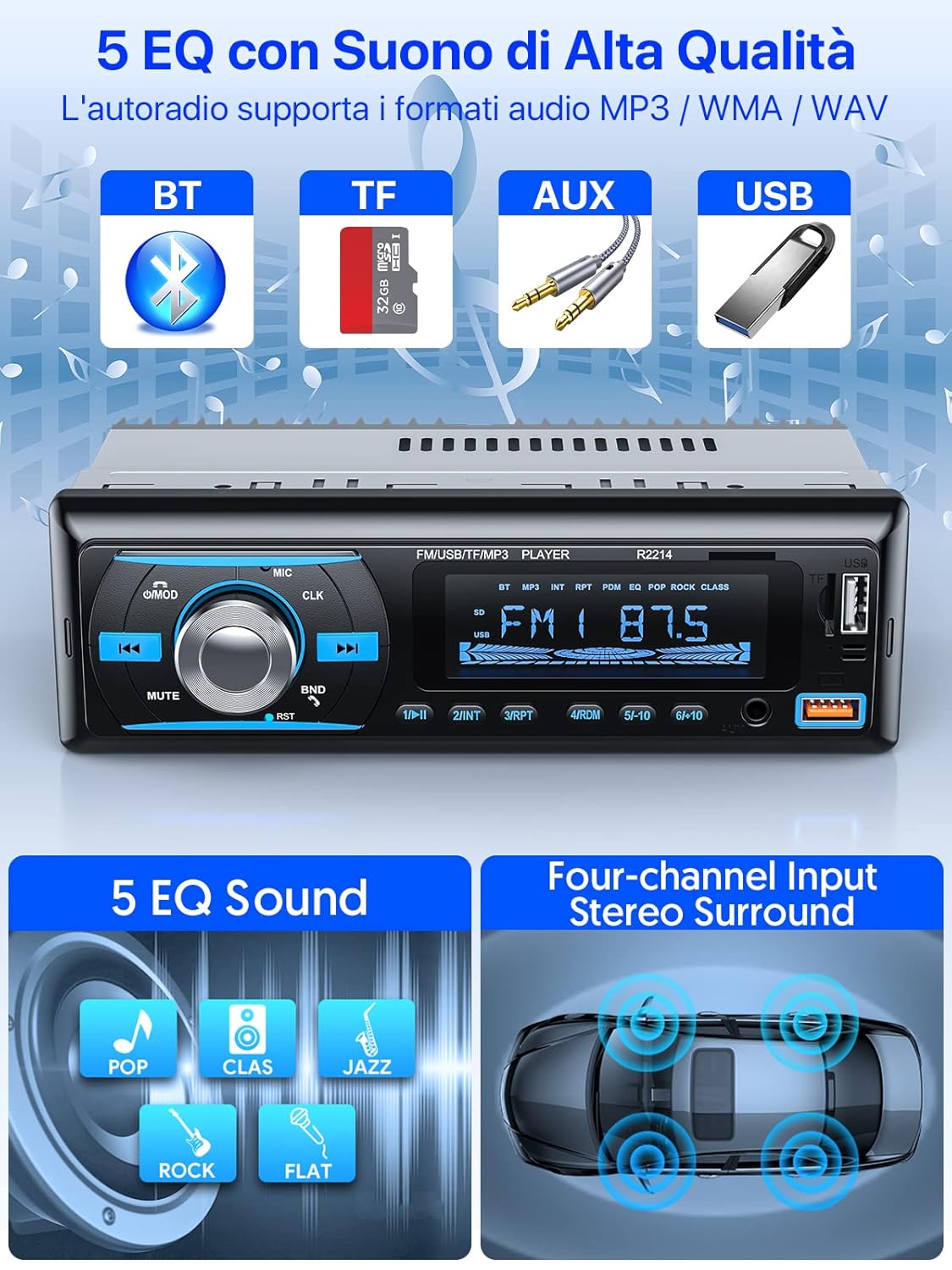 Chismos R2214 4x65W Bluetooth 5.0 Car Radio, FM/AM/RDS with Remote, USB/AUX/SD/TF/MP3/WMA/WAV Player, 1 DIN Stereo, Handsfree, iOS/Android Compatible