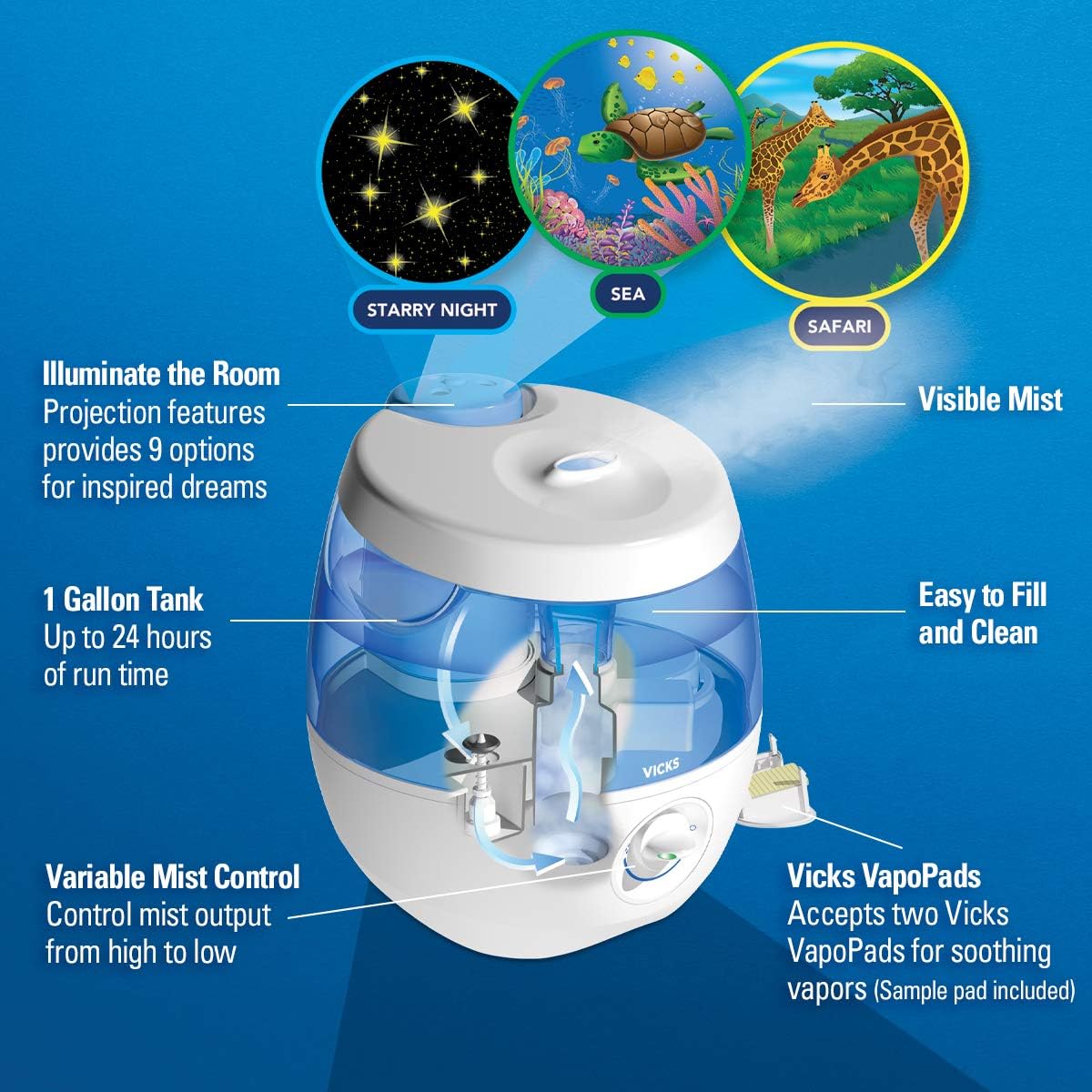 Vicks Sweet Dreams Cool Mist Humidifier, Blue, Medium Room, 1 Gallon Tank – Filter Free Cool Mist Humidifier for Baby and Kids Rooms with Light Up Display, Works with Vicks VapoPads