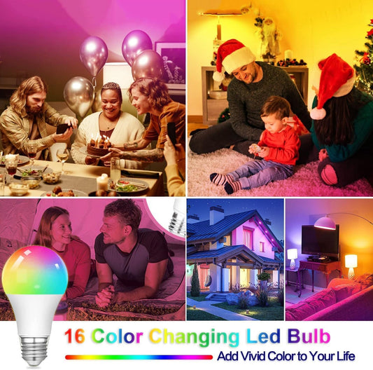 4 Pack RGB Color Changing Light Bulbs with Remote,RGBW LED Light Bulbs,9W Warm White 6500K,16 Color Multicolor A19 E27 Dimmable Memory Function,for Home Decoration,Stage,Bar,Party