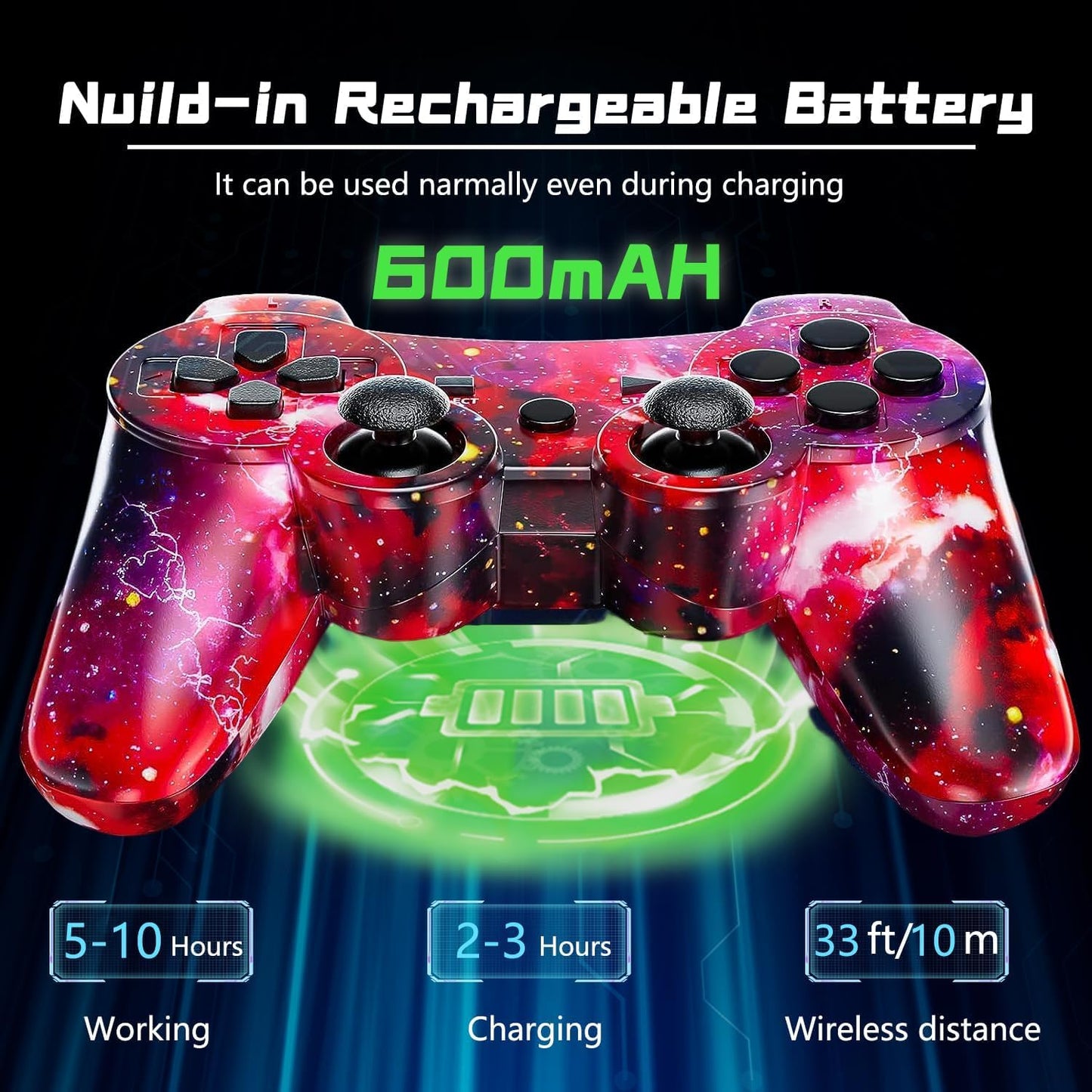 Zeion PS3 Controller Wireless, Gaming Remote Joystick for Playstation 3 with Charger Cable Cord (Red Star, Black Ghost)