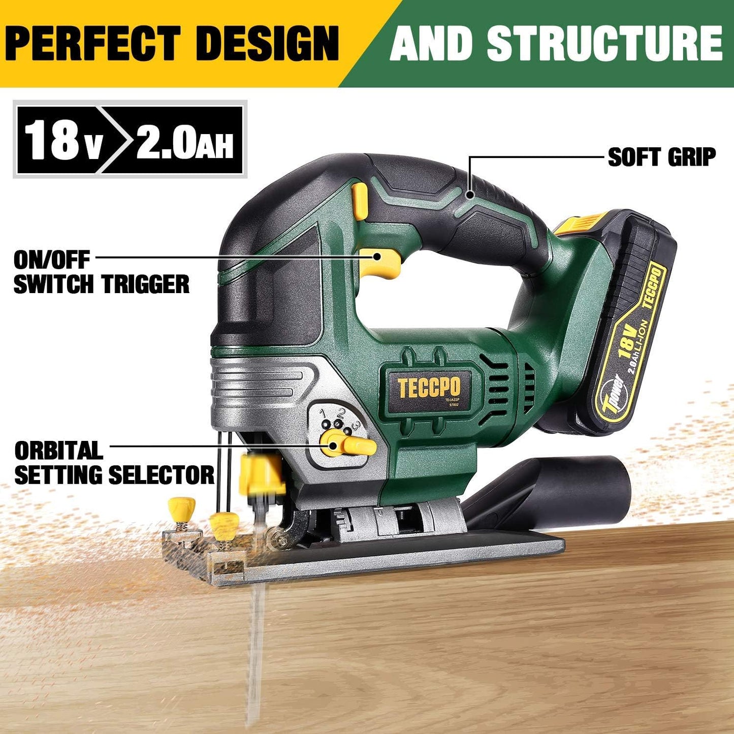 Cordless Jigsaw, TECCPO 18V Jig Saw, 2x2000mAh Battery, 30 Minute Fast Charger 2.0Ah, LED Light, 0~2300SPM, Stroke Height 22mm, Maximum Cutting Angle 45 °, Six Saw Blades /TDJA22P