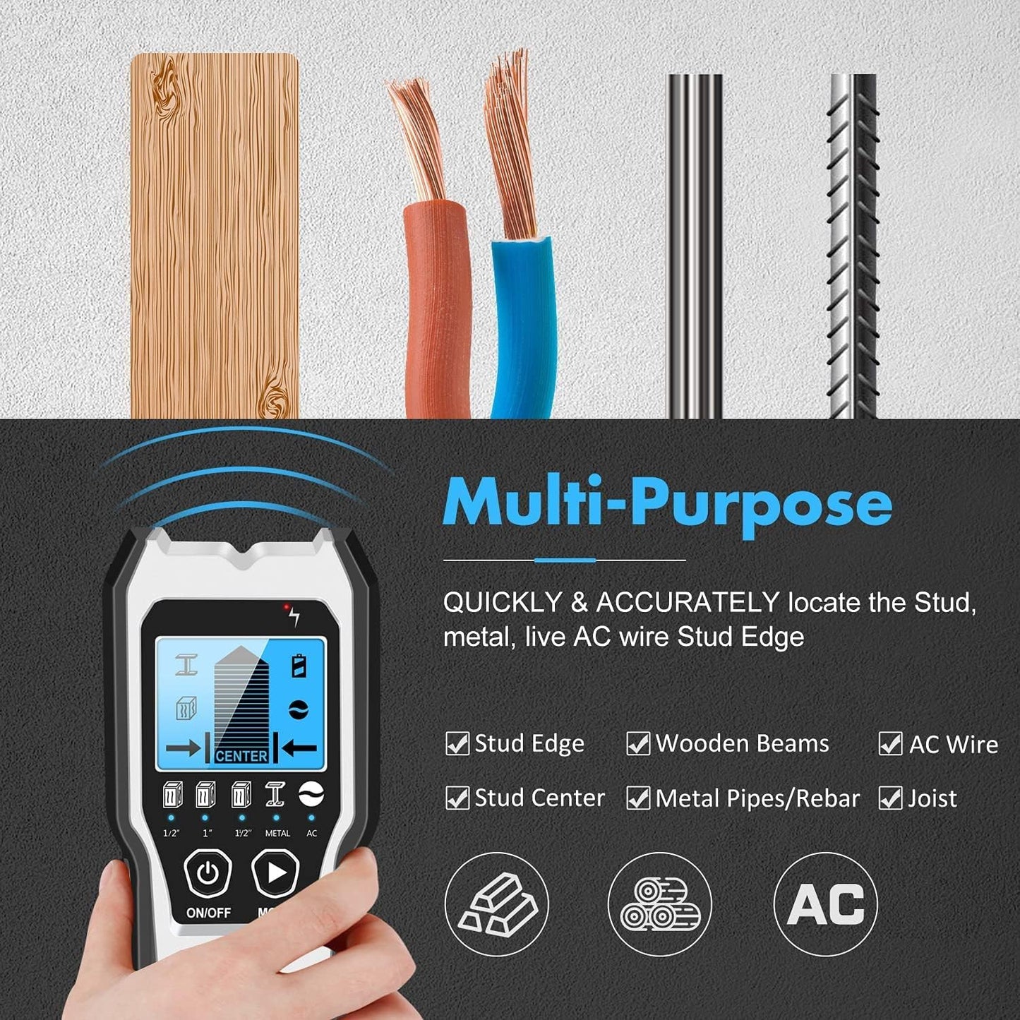 FOLAI TH550 Stud Finder Wall Scanner - 5 in 1 Stud Detector Detector Beam Finders Wall Detector Sensor Center Finding with LCD Display for Wood AC Wire Metal Studs Cable Joist Detection