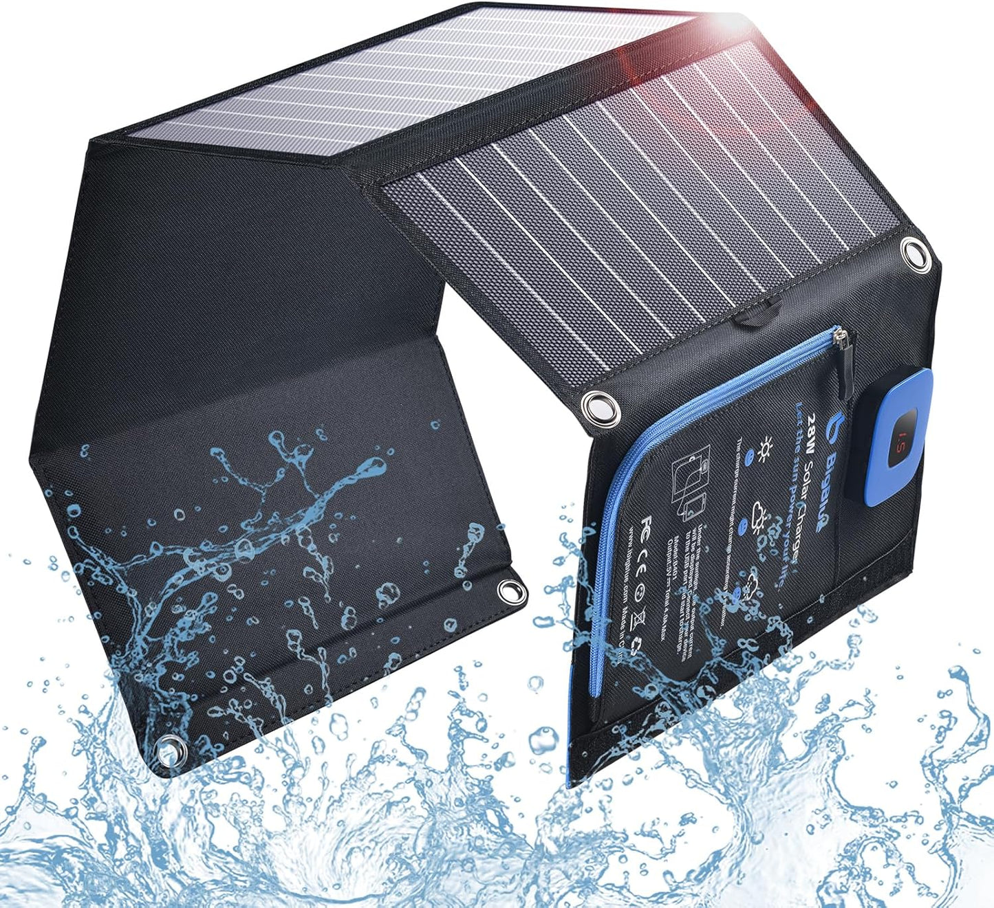 BigBlue Portable Solar Charger 28W with Digital Ammeter, 25.4% High-Efficiency, Dual USB Ports, Folding Waterproof Solar Panels with Carabiners for Camping, Backpacking, Phones, Tablets, Power Bank