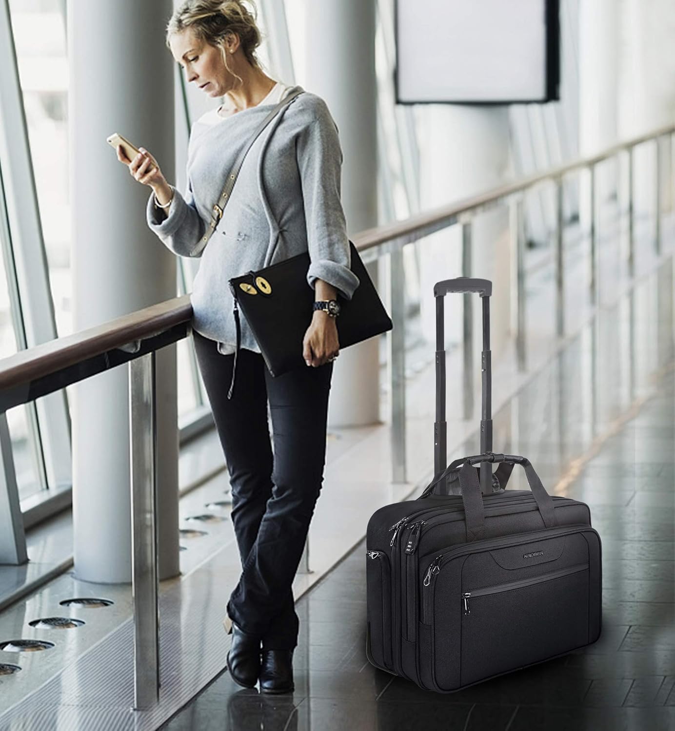 KROSER Rolling Laptop Bag Premium Wheeled Briefcase Fits Up to 17.3 Inch Laptop Overnight Roller Case Computer Bag with RFID Pockets for Travel/Business/Men/Women-Black