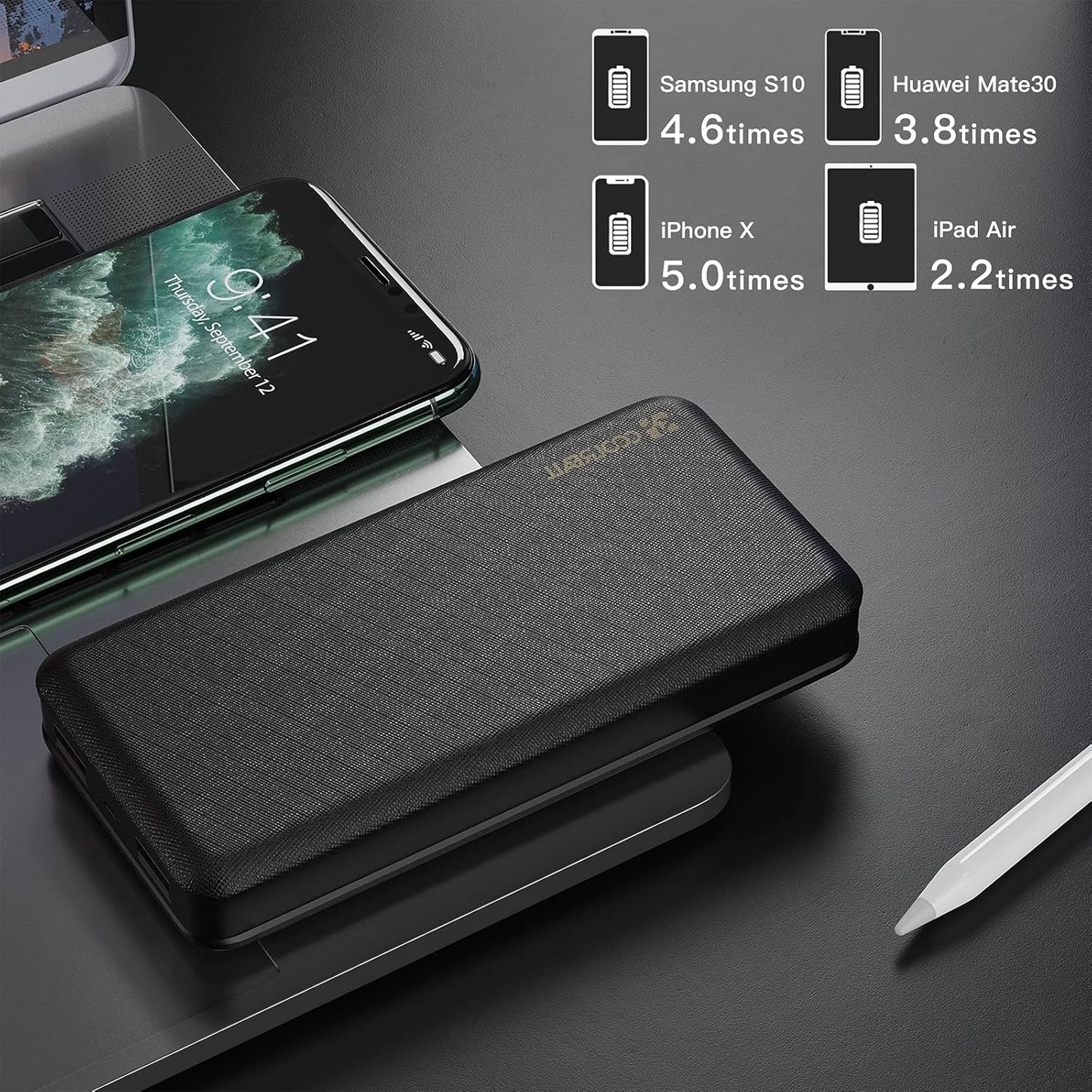 CoolReall Powerbank 20,000 mAh, Practical External Battery with 2 Quick Outputs (2.0A + 2.0A), Portable Battery Charger for Mobile Phones with Large Capacity for 1Phone, Galaxy, Huawei, iPad