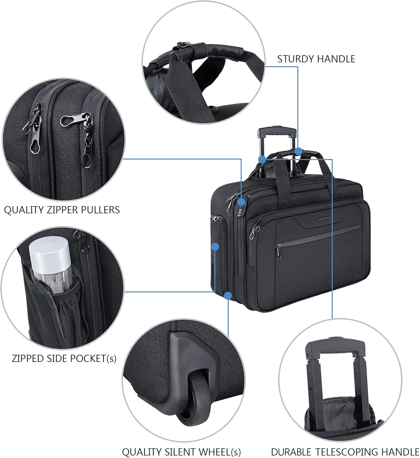KROSER Rolling Laptop Bag Premium Wheeled Briefcase Fits Up to 17.3 Inch Laptop Overnight Roller Case Computer Bag with RFID Pockets for Travel/Business/Men/Women-Black
