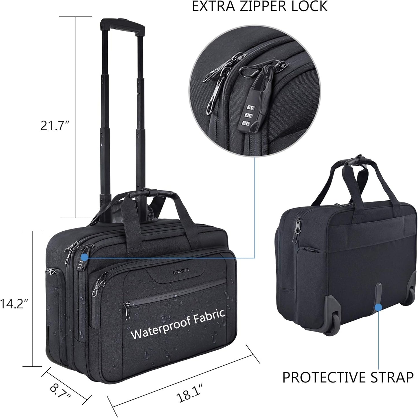 KROSER Rolling Laptop Bag Premium Wheeled Briefcase Fits Up to 17.3 Inch Laptop Overnight Roller Case Computer Bag with RFID Pockets for Travel/Business/Men/Women-Black