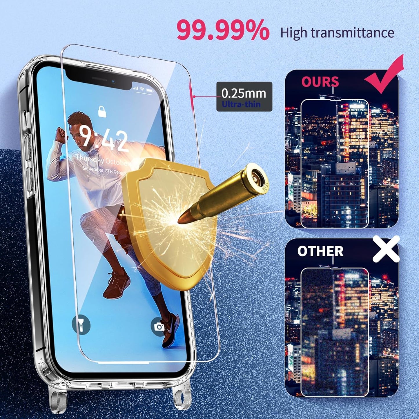 AROYI Mobile Phone Chain for iPhone 14 Pro , Case with Strap and Pack of 2 Screen Protectors, Transparent Ultra Hybrid Mobile Phone Case for iPhone 14 with Chain for Neck Strap, Removable,